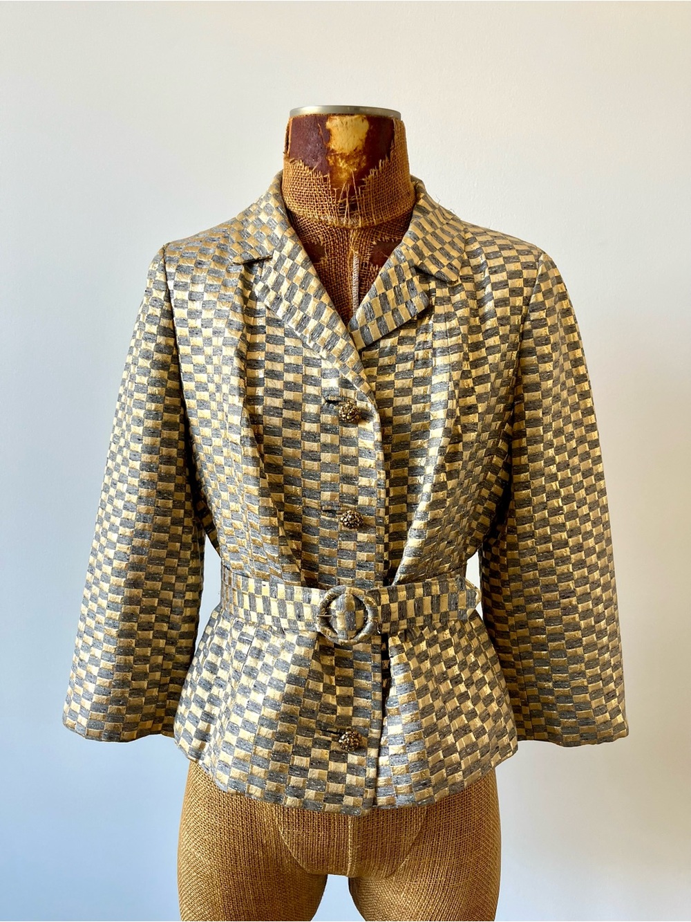 Checked Metallic Belted Women’s Jacket - Gold & Gray